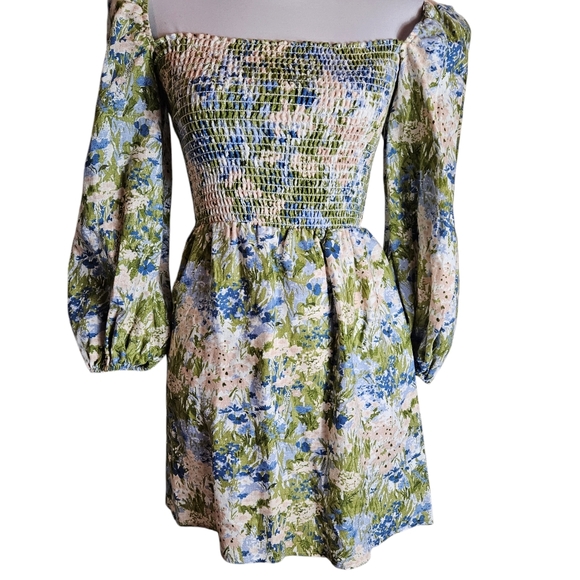 Reformation Greyson Hillside Floral Linen Mini Dress Sz S Smocked Puff Sleeves - Picture 5 of 16
